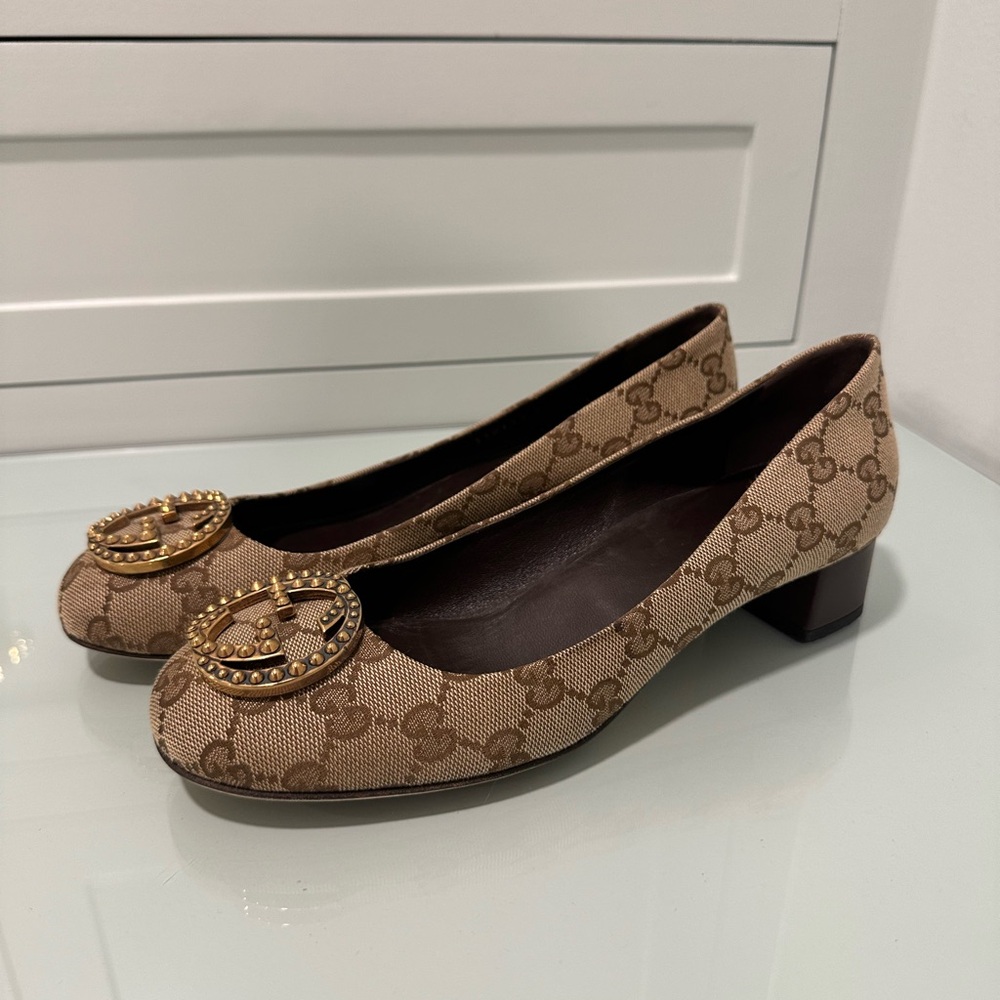 Gucci Canvas GG Block Heel Pumps